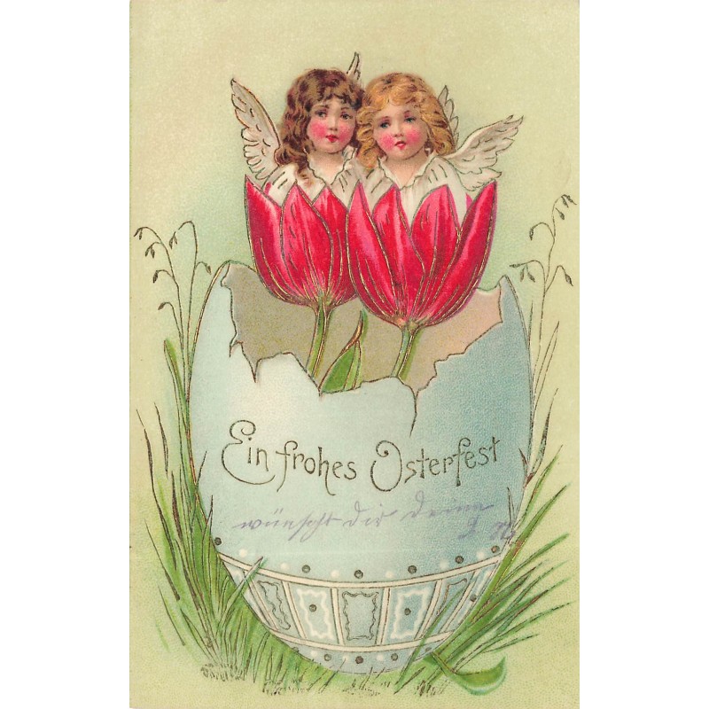 n°29318 - Carte Gaufrée - Pâques - Ein frohes Osterfest - Anges dans des tulipes dans un oeuf