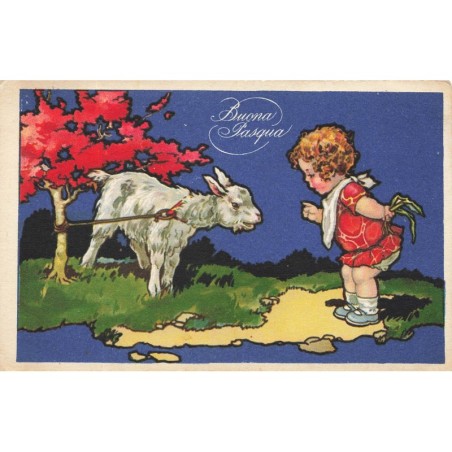 n°29320 - Pâques - Buona Pasqua - Fillette parlant à une chèvre attachée à un arbre