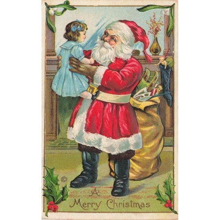 n°29321 - Carte Gaufrée - A Merry Christmas - Père Noël admirant une poupée