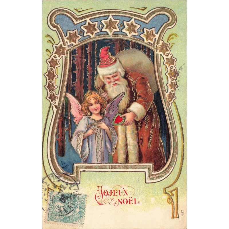 n°29324 - Carte Gaufrée - Joyeux Noël - Père Noël offrant un coeur à un ange