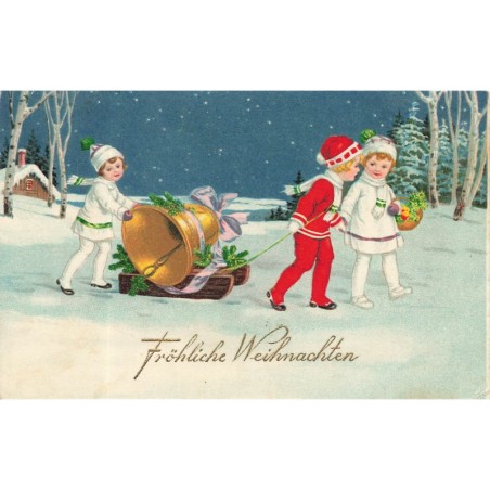 n°29326 - Noël - Fröhliche Weihnachten - Enfants tirant une cloche à l'aide d'une luge