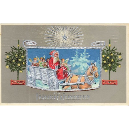 n°29327 - Carte Gaufrée - Fröhliche Weihnachten - Père Noël et anges dans une charette