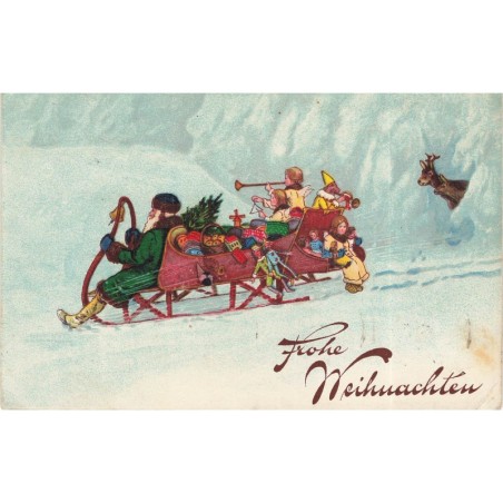 n°29328 - Noël - Fröhe Weihnachten - Père Noël et anges sur une luge remplie de jouets