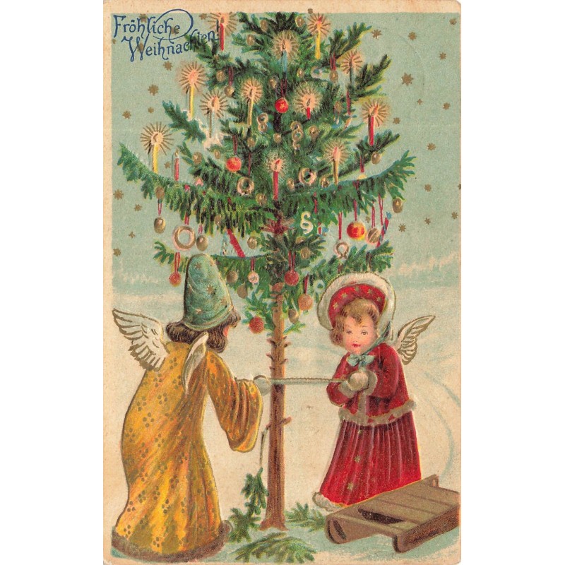 n°29329 - Carte Gaufrée - Noël - Fröhliche Weihnachten - Anges coupant un sapin décoré