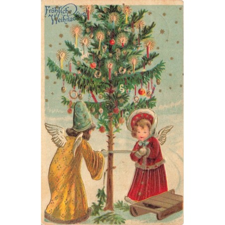 n°29329 - Carte Gaufrée - Noël - Fröhliche Weihnachten - Anges coupant un sapin décoré