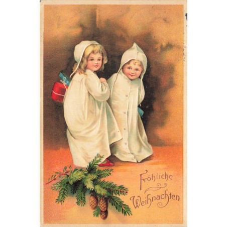 n°29331- Carte Gaufrée - Clapsaddle - Fröhliche Weihnachten - Deux enfants en chemise de nuit