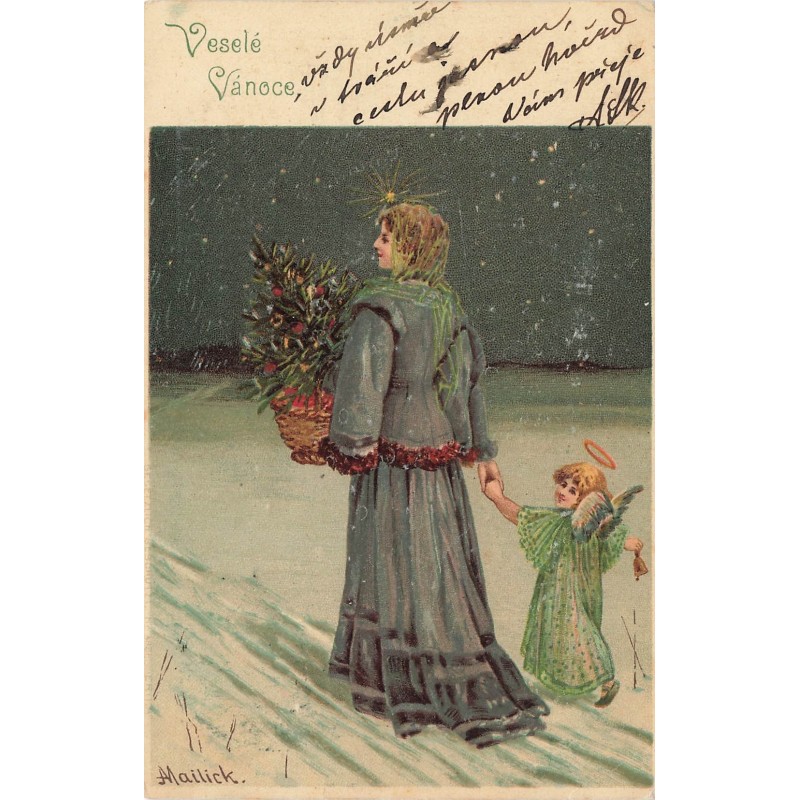 n°29333 - Illustrateur Mailick - Veselé Vanoce - Jeune femme marchant avec un ange dans la neige
