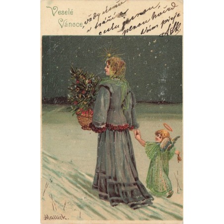 n°29333 - Illustrateur Mailick - Veselé Vanoce - Jeune femme marchant avec un ange dans la neige