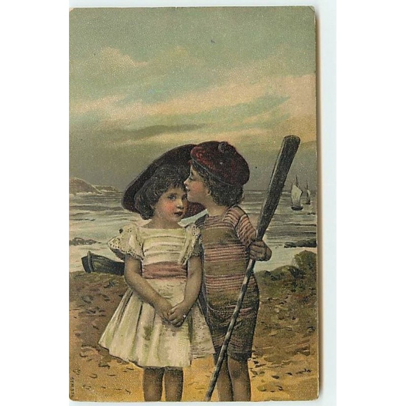 n°13595 - Carte Gaufrée - Couple d'enfant au bord de la mer
