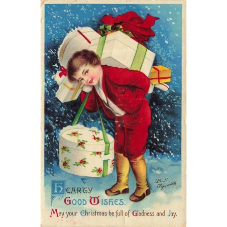 n°29335 - Ellen Clapsaddle - Hearty Good Wishes may your Christmas - Garçon portant des paquets sur le dos