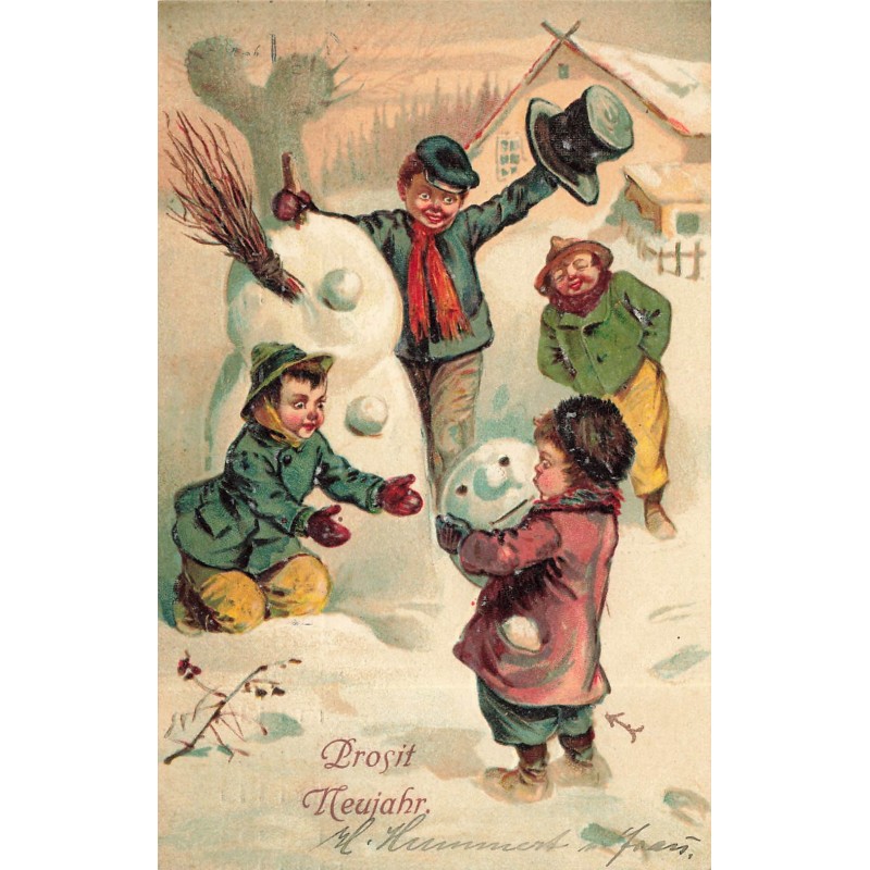 n°29336 - Carte Gaufrée - Nouvel An - Prosit Neujahr - Garçons faisant un bonhomme de neige