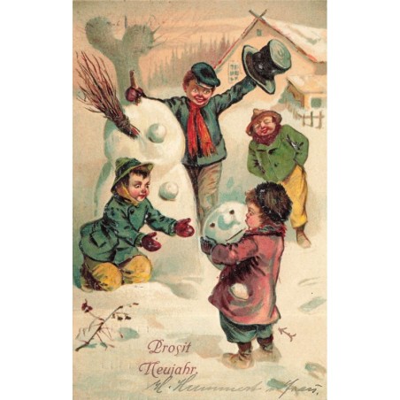n°29336 - Carte Gaufrée - Nouvel An - Prosit Neujahr - Garçons faisant un bonhomme de neige