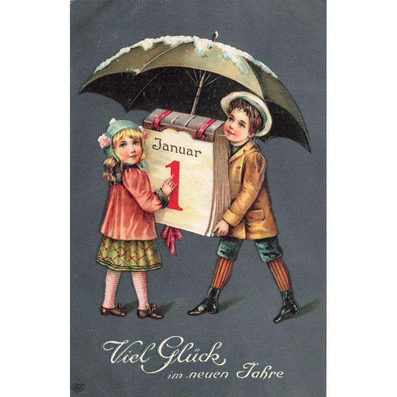 n°29337 - Carte Gaufrée - Viel Glück im Neuen Jahre - Enfants portant un éphéméride sous un parapluie