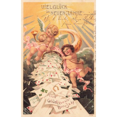 n°29339 - Nouvel An - Viel Glück im Neuen Jahre - Anges renversant des lettes d'une corne d'abondance