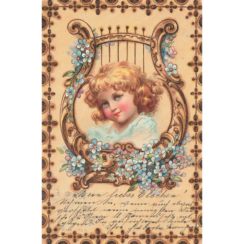 n°29347 - Fantaisie - Portrait d'une fillette au milieu d'une lyre ornée de myosotis