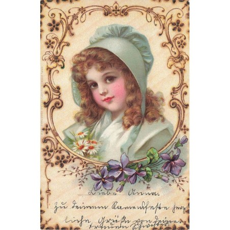n°29348 - Fantaisie - Portrait d'une jeune fille tenant des marguerites, dans un cadre orné de violettes