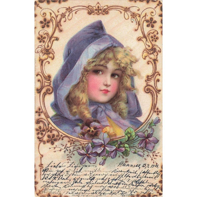 n°29349 - Fantaisie - Portrait d'une jeune fille tenant des pensées, dans un cadre orné de violettes