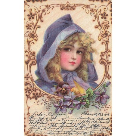 n°29349 - Fantaisie - Portrait d'une jeune fille tenant des pensées, dans un cadre orné de violettes