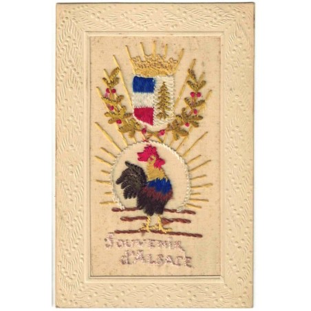 n°29354 - Carte Brodée - Souvenir d'Alsace - Coq, sous drapeau