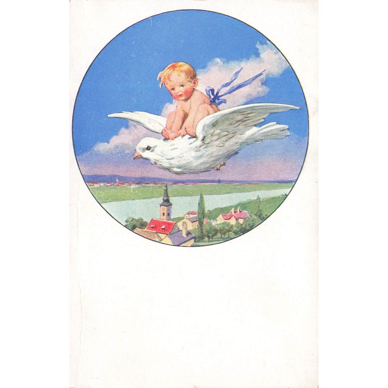 n°29365 - Fantaisie - Bébé assis sur le dos d'un oiseau