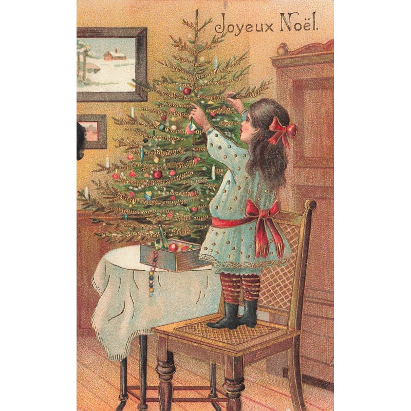 n°29368 - Carte Gaufrée - Joyeux Noël - Fillette décorant un sapin