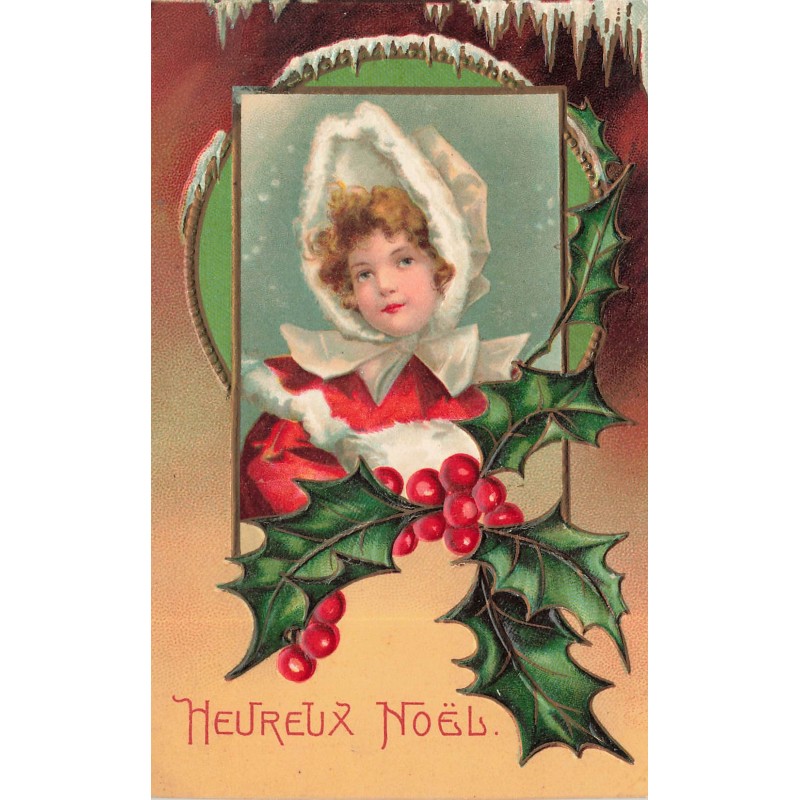 n°29371 - Carte Gaufrée - Clapsaddle - Heureux Noël - Fillette dans un médaillon, et feuilles de houx