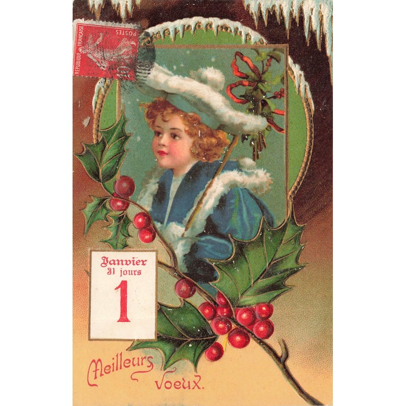 n°29372 - Carte Gaufrée - Clapsaddle  - Meilleurs Voeux - Fillette, houx et éphéméride