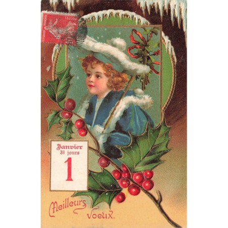 n°29372 - Carte Gaufrée - Clapsaddle  - Meilleurs Voeux - Fillette, houx et éphéméride