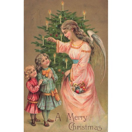 n°29373 - Carte Gaufrée - A Merry Christmas - Fillettes regardant un ange gardien près d'un sapin