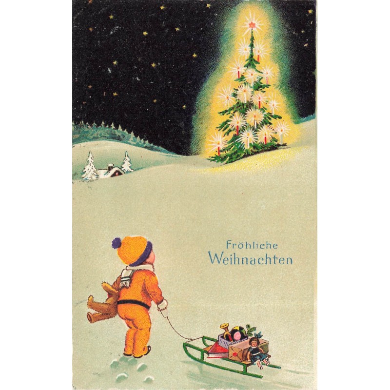 n°29375 - Fröhliche Weihnachten - Enfants tirant des jouets sur une luge, regardant un sapin illuminé