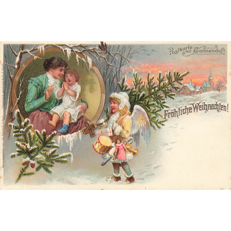 n°29376 - Fröhliche Weihnachten - Ange apportant des jouets, et regardant une mère et son enfant dans un médaillon