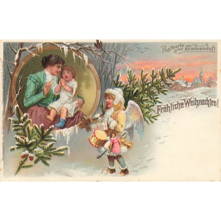 n°29376 - Fröhliche Weihnachten - Ange apportant des jouets, et regardant une mère et son enfant dans un médaillon