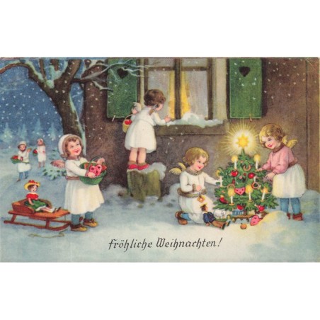 n°29377 - Noël - Fröhliche Weihnachten -Anges apportant des cadeaux, décorant un sapin devant une maison