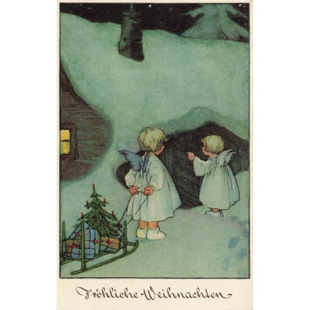 n°29378 - Noël - Fröhliche Weihnachten -Anges apportant des cadeaux, frappant à une porte