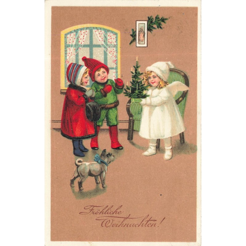n°29379 - Noël - Fröhliche Weihnachten - Ange apportant un sapin à un couple et leur chien, bouledogue