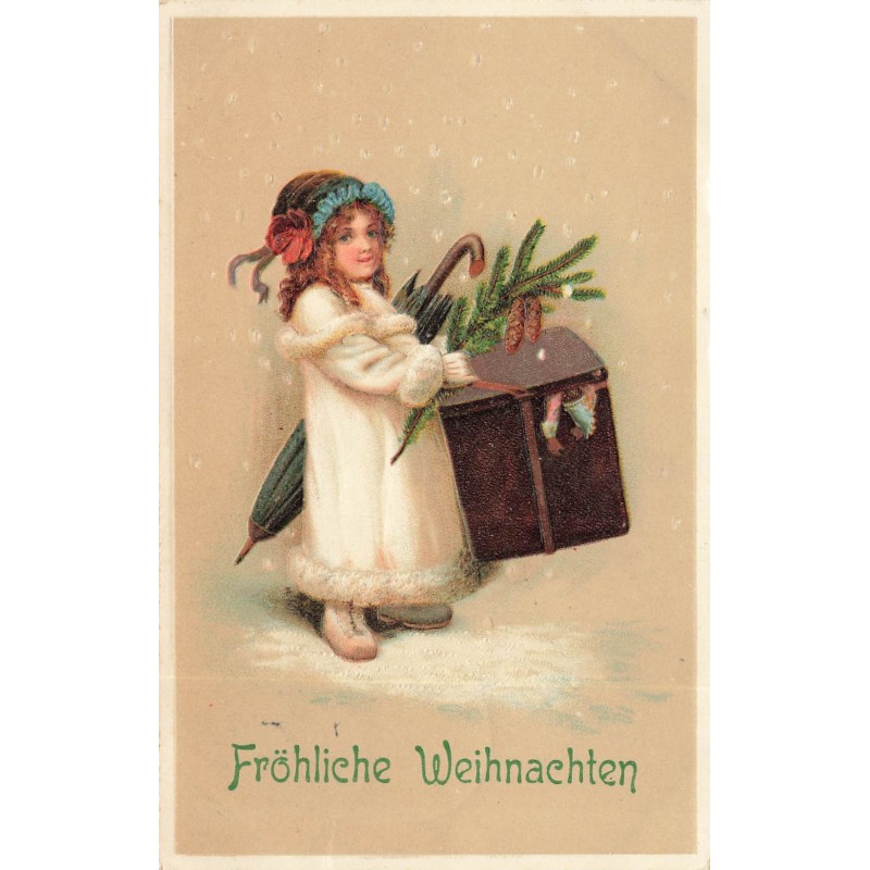 n°29381 - Carte Gaufrée - Noël - Fröhliche Weihnachten - Fillette portant une grosse valise