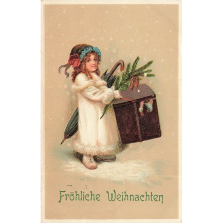 n°29381 - Carte Gaufrée - Noël - Fröhliche Weihnachten - Fillette portant une grosse valise