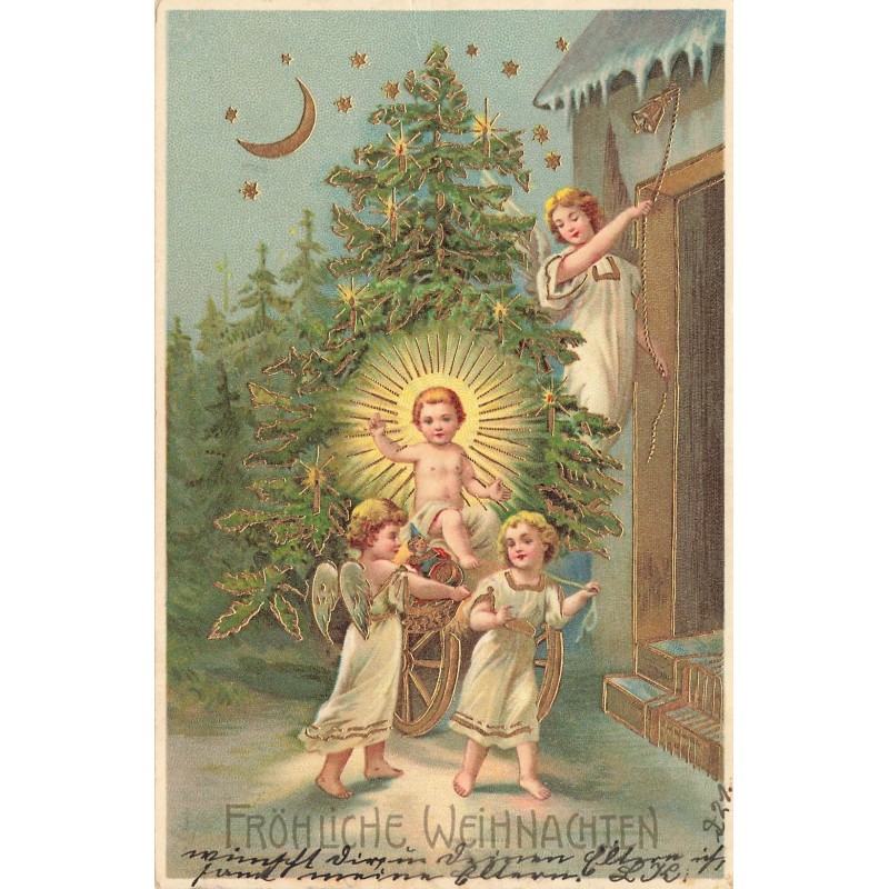 n°29382 - Carte Gaufrée - Fröhliche Weihnachten - Anges apportant un sapin avec l'enfant Jésus