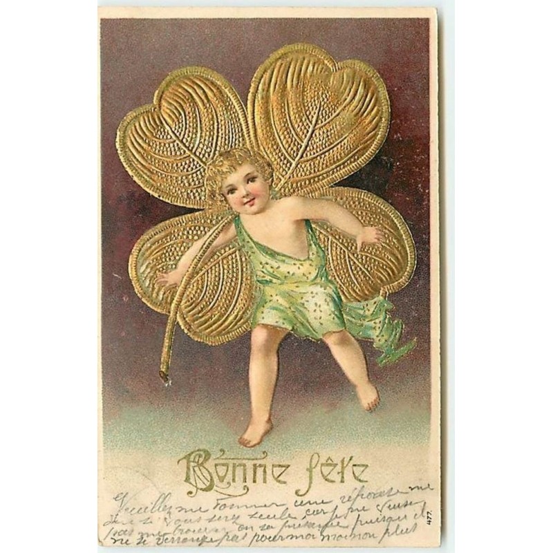 n°13600 - Carte Gaufrée - Bonne Fête - Ange portant un trèfle à quatre feuilles