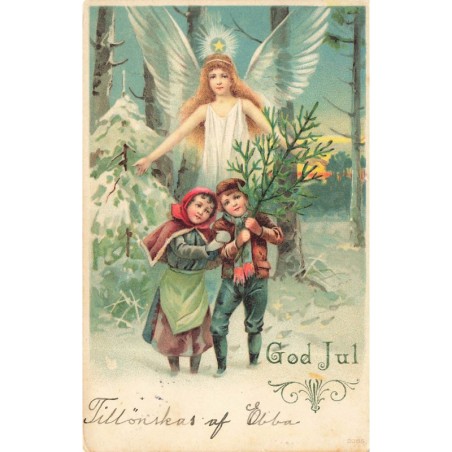 n°29386 - Nouvel An - God Jul - Ange gardien veillant sur des enfants marchant dans la forêt