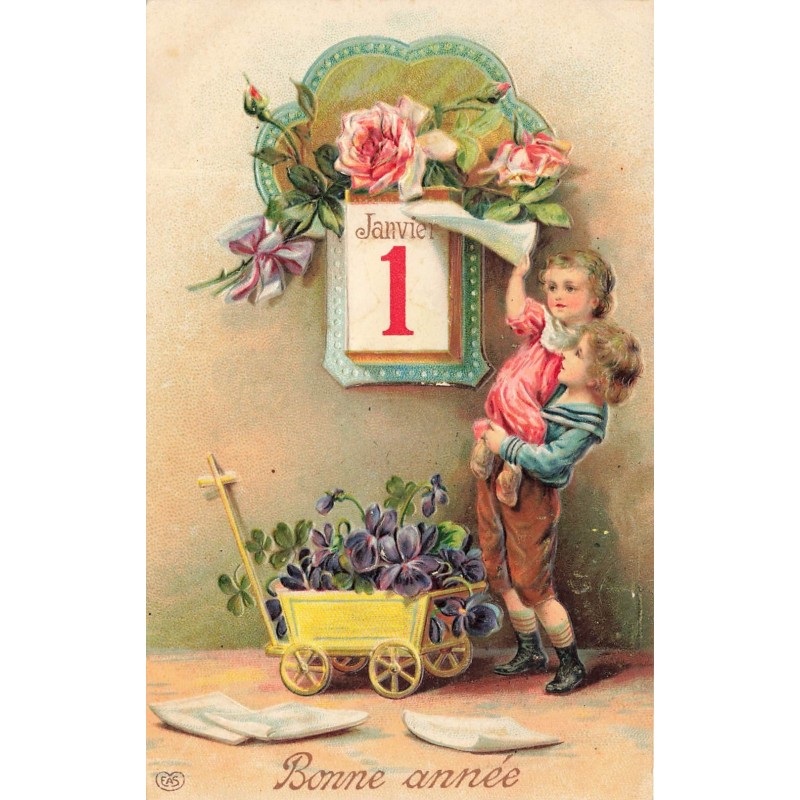 n°29387 - Carte Gaufrée - Bonne Année - Garçon portant une fillette effeuillant un éphéméride, violettes