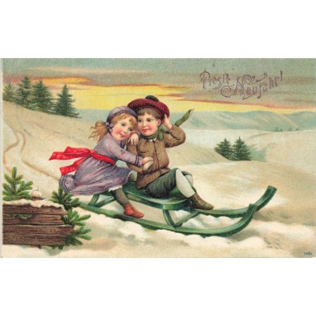 n°29389 - Carte Gaufrée - Nouvel An - Prosit Neujahr - Couple d'enfant sur une luge