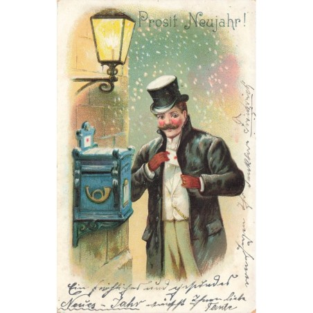 n°29390 - Nouvel An - Prosit Neujahr - Homme portant un haut de forme postant une lettre