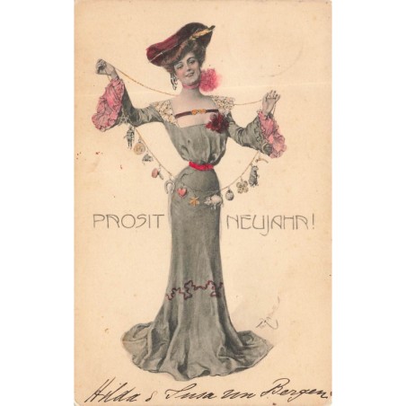 n°29391 - Nouvel An - Prosit Neujahr - Une femme jouant avec un très grand collier