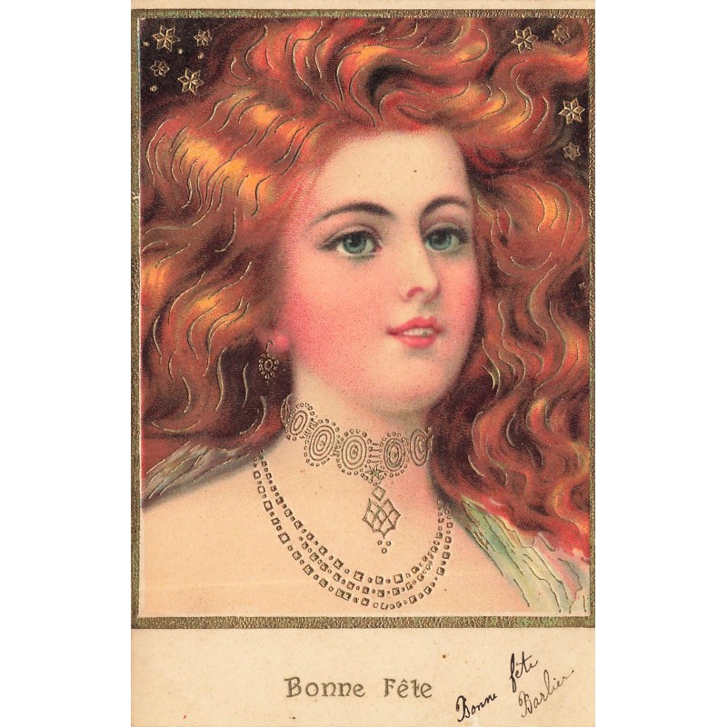 n°29395 - Carte Gaufrée - Fantaisie - Bonne Fête - Portrait d'une jeune femme rousse