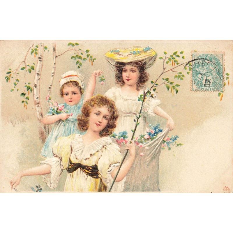 n°29396 - Carte Gaufrée - Fantaisie - Jeunes femmes cueillant des fleurs