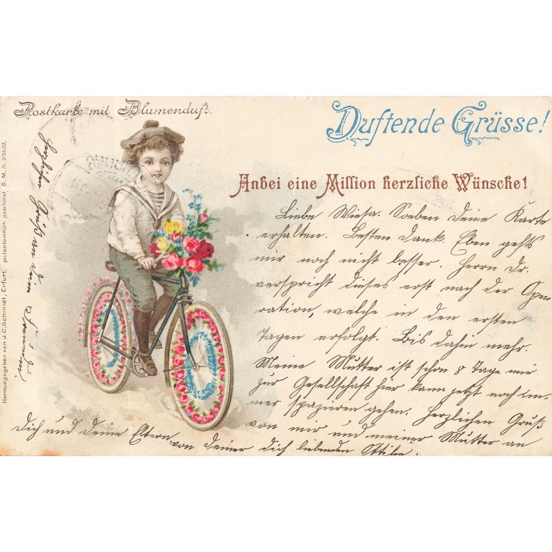 n°29397 - Fantaisie - Postkarte mit Blumenduft - Garçon sur une vélo fleuri