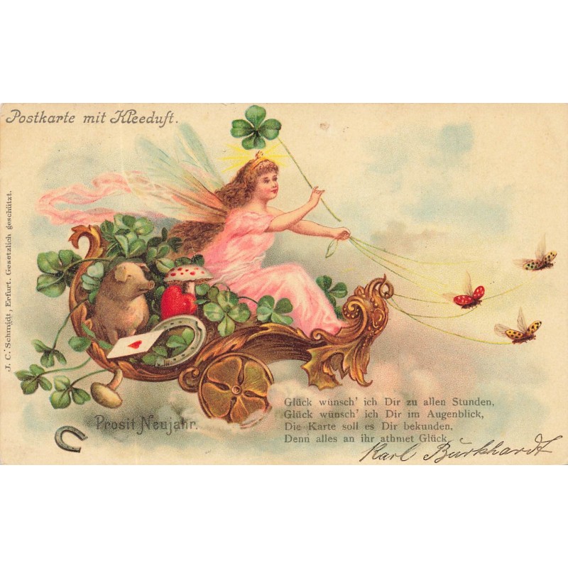 n°29398 - Poskarte mit Kleeduft - Prosit Neujahr - Fée dans un char tiré par des papillons