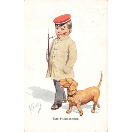 n°29400 - Feiertag - Chien - Zum Frühschoppen - Teckel marchant près d'un garçon