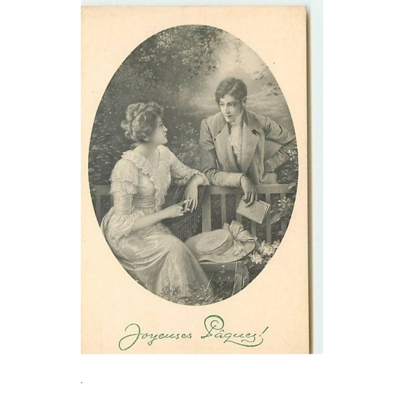 n°13607 - MM Vienne n°644 - Joyeuses Pâques - Couple, la jeune femme sur un banc ... dans un médaillon